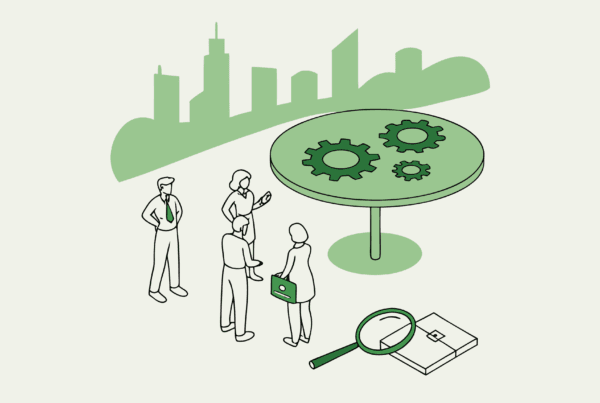 SovDoc illustration of medical advisors discussing cardiology practice M&A, showing professionals gathered around a table with healthcare strategy symbols and urban backdrop, representing healthcare acquisition expertise