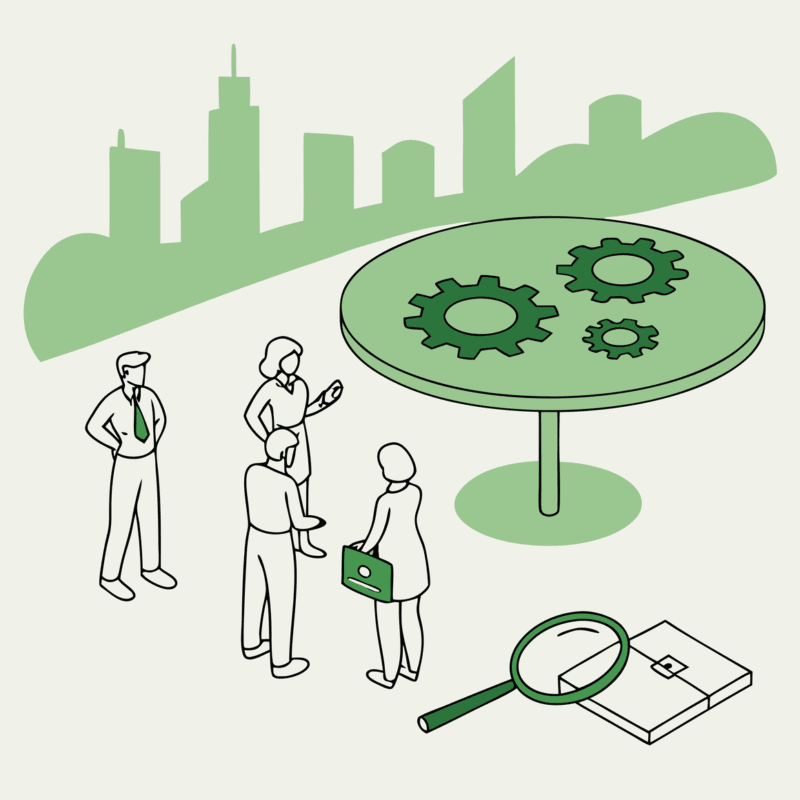 SovDoc illustration of medical advisors discussing cardiology practice M&A, showing professionals gathered around a table with healthcare strategy symbols and urban backdrop, representing healthcare acquisition expertise