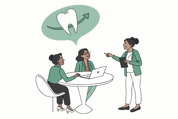 SovDoc advisor roundup illustration showing dental practice M&A consultation with professionals discussing dental merger strategy around table with tooth and arrow icon, representing dental practice transactions and healthcare advisory services.