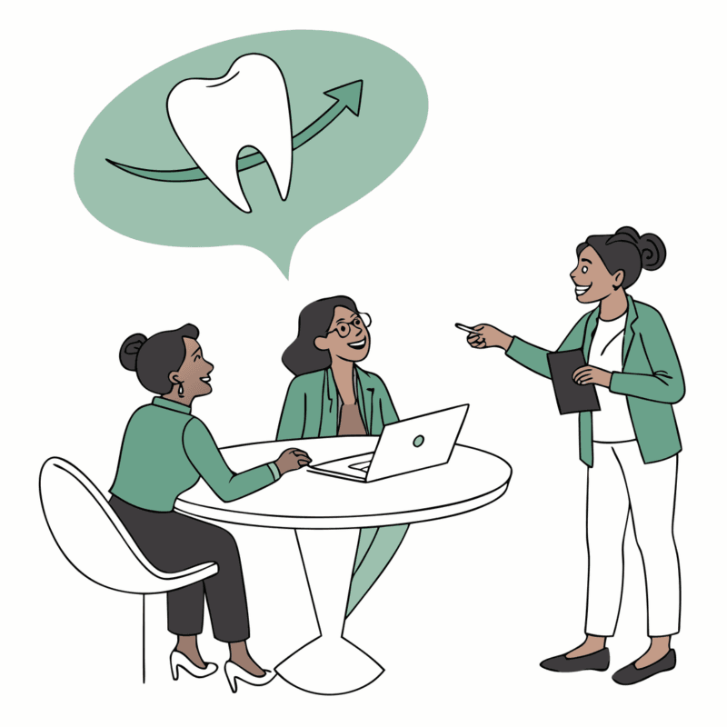 SovDoc advisor roundup illustration showing dental practice M&A consultation with professionals discussing dental merger strategy around table with tooth and arrow icon, representing dental practice transactions and healthcare advisory services.