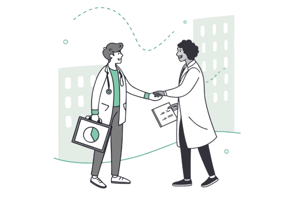 Dermatology practice M&A handshake between auditor and physician with merger visualization - SovDoc healthcare advisory services for dermatology acquisitions and financial assessment