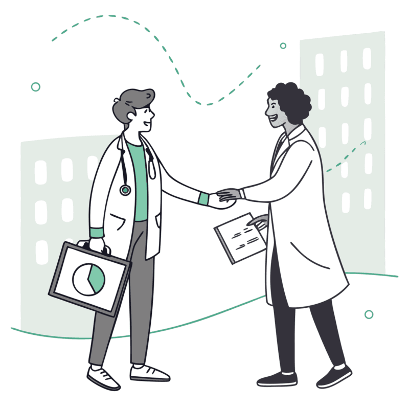 Dermatology practice M&A handshake between auditor and physician with merger visualization - SovDoc healthcare advisory services for dermatology acquisitions and financial assessment