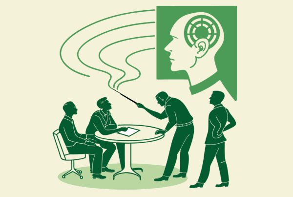 SovDoc healthcare M&A illustration showing ENT practice advisors collaborating around a stylized head model, with puzzle pieces symbolizing medical practice mergers and acquisitions in the otolaryngology sector.