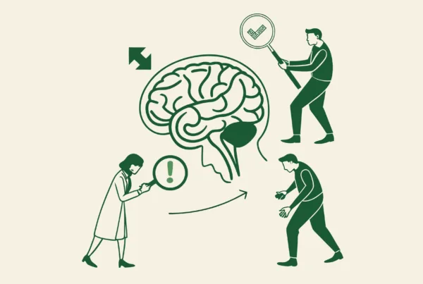 Illustration of auditors examining brain with GI tract elements, representing specialized medical practice valuation for gastroenterology and hepatology M&A transactions - SovDoc healthcare mergers and acquisitions advisory services