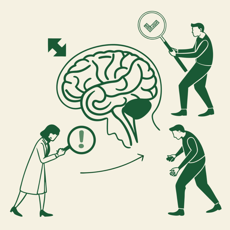 Illustration of auditors examining brain with GI tract elements, representing specialized medical practice valuation for gastroenterology and hepatology M&A transactions - SovDoc healthcare mergers and acquisitions advisory services