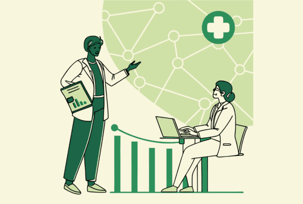 Abstract illustration of healthcare professionals discussing interventional pain practice M&A strategy with financial data visualization, representing SovDoc's specialized advisory services for medical practice mergers and acquisitions in the pain management sector.