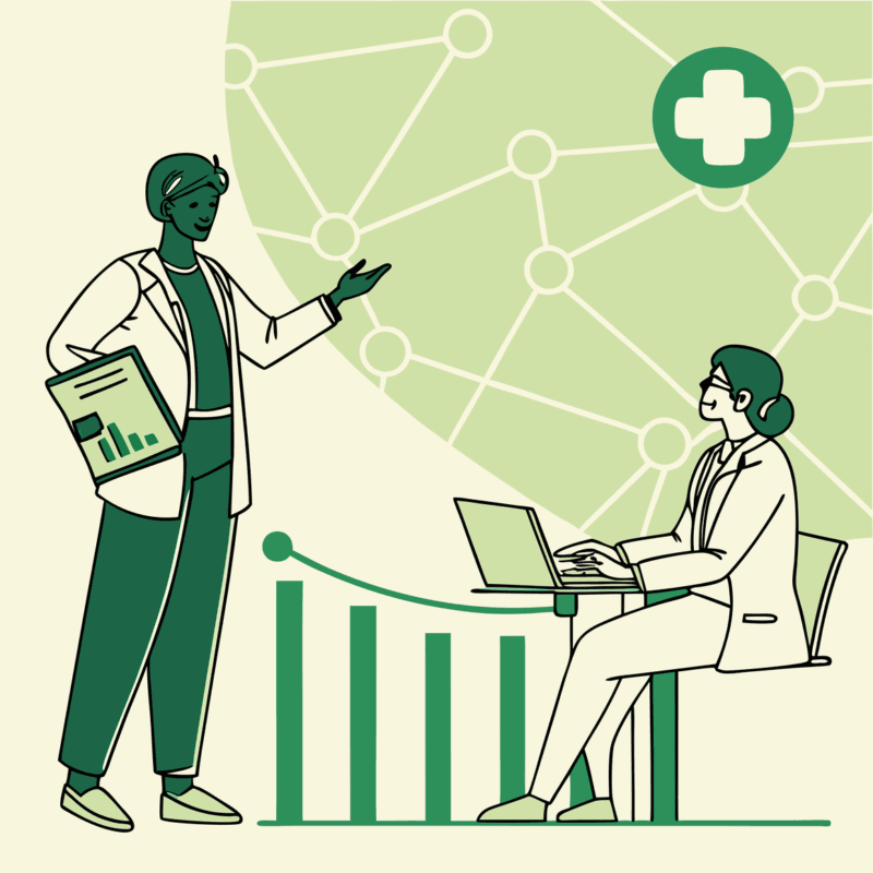 Abstract illustration of healthcare professionals discussing interventional pain practice M&A strategy with financial data visualization, representing SovDoc's specialized advisory services for medical practice mergers and acquisitions in the pain management sector.