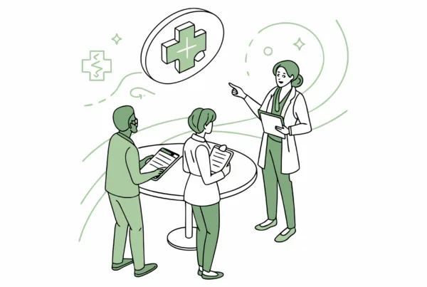 Stylized illustration of medical professionals analyzing healthcare compliance data at a roundtable discussion, representing SovDoc's specialized advisory services for Med Spa practice mergers and acquisitions and regulatory compliance assessment.