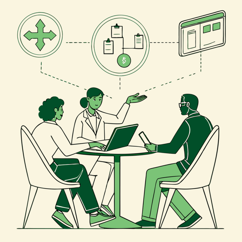 SovDoc healthcare advisors discussing nephrology practice merger strategies and financial auditing processes with data visualization, representing specialized M&A due diligence in dialysis care organizations.
