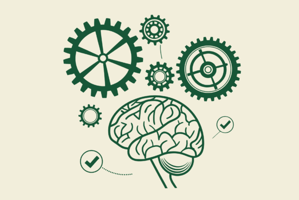 Abstract illustration representing neurological rehabilitation practice M&A advisory services by SovDoc, featuring a stylized brain connected to interlocking gears symbolizing the complex integration process of medical practice mergers and acquisitions.