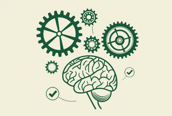 Abstract illustration representing neurological rehabilitation practice M&A advisory services by SovDoc, featuring a stylized brain connected to interlocking gears symbolizing the complex integration process of medical practice mergers and acquisitions.