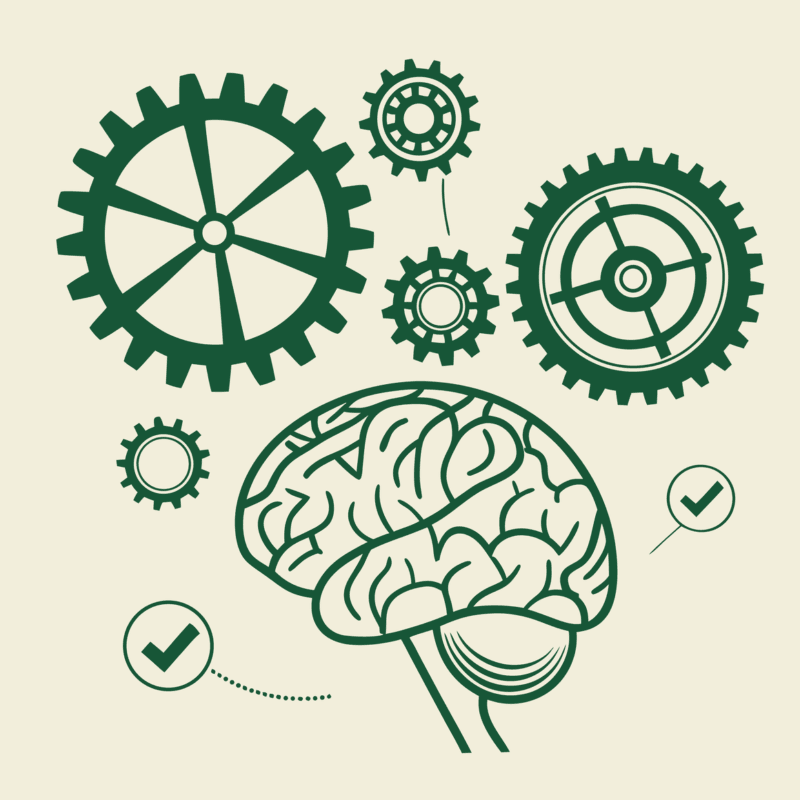 Abstract illustration representing neurological rehabilitation practice M&A advisory services by SovDoc, featuring a stylized brain connected to interlocking gears symbolizing the complex integration process of medical practice mergers and acquisitions.