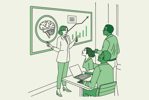 SovDoc healthcare M&A advisors discussing neurology practice merger strategies, examining neural imaging data and financial performance metrics in a professional roundtable setting.