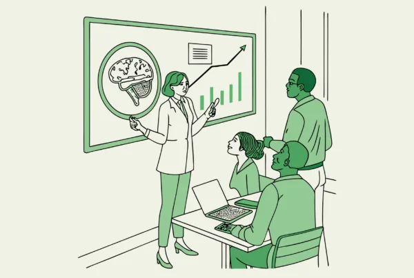 SovDoc healthcare M&A advisors discussing neurology practice merger strategies, examining neural imaging data and financial performance metrics in a professional roundtable setting.