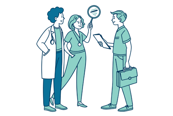 Clean vector illustration of healthcare professionals collaborating on oncology practice mergers and acquisitions, showing an auditor, medical professional, and business expert working together with hospital imagery in background - SovDoc healthcare M&A advisory services for oncology practices.