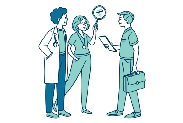 Clean vector illustration of healthcare professionals collaborating on oncology practice mergers and acquisitions, showing an auditor, medical professional, and business expert working together with hospital imagery in background - SovDoc healthcare M&A advisory services for oncology practices.
