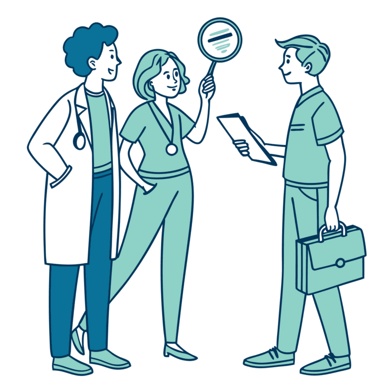 Clean vector illustration of healthcare professionals collaborating on oncology practice mergers and acquisitions, showing an auditor, medical professional, and business expert working together with hospital imagery in background - SovDoc healthcare M&A advisory services for oncology practices.