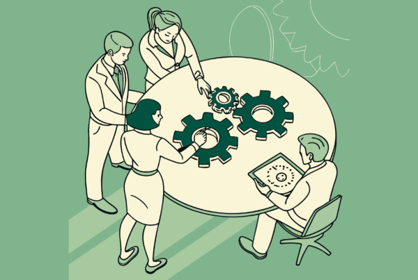 Stylized illustration of medical practice advisors collaborating at a roundtable discussion, examining merger diagrams with orthopedic elements in background. SovDoc healthcare M&A firm supporting ortho and musculoskeletal practice transactions.