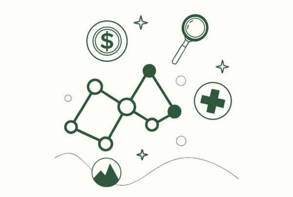 Abstract network diagram with healthcare symbols representing SovDoc's advisor services for outpatient physical therapy practice mergers and acquisitions