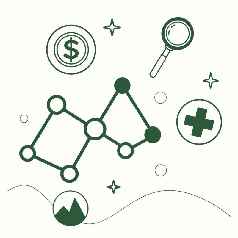 Abstract network diagram with healthcare symbols representing SovDoc's advisor services for outpatient physical therapy practice mergers and acquisitions