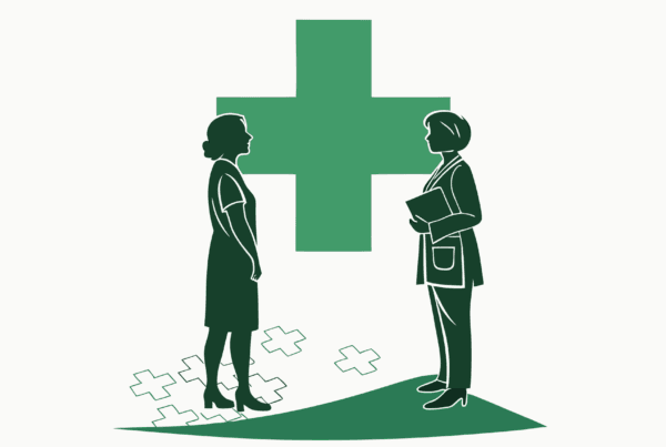 SovDoc healthcare M&A illustration depicting advisors consulting on primary care practice mergers and acquisitions, symbolized by two professionals examining a medical cross with interconnecting puzzle pieces representing the integration process in healthcare consolidation.