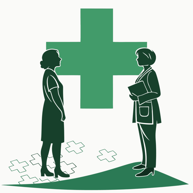 SovDoc healthcare M&A illustration depicting advisors consulting on primary care practice mergers and acquisitions, symbolized by two professionals examining a medical cross with interconnecting puzzle pieces representing the integration process in healthcare consolidation.