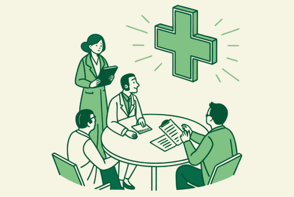 SovDoc healthcare M&A advisors collaborating around a table with a radiology symbol, representing radiology practice mergers and acquisitions consultation for medical groups.