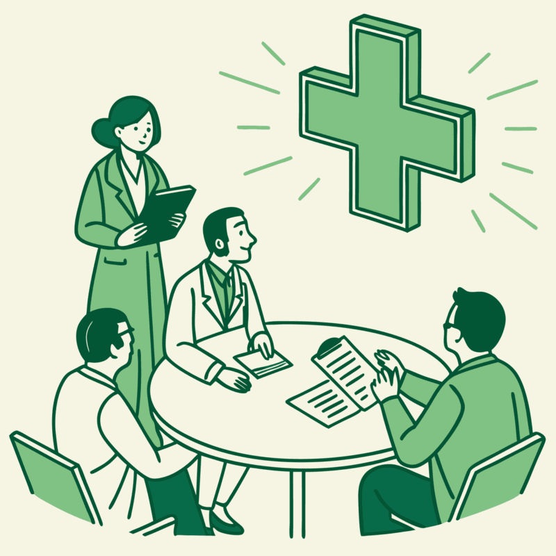 SovDoc healthcare M&A advisors collaborating around a table with a radiology symbol, representing radiology practice mergers and acquisitions consultation for medical groups.
