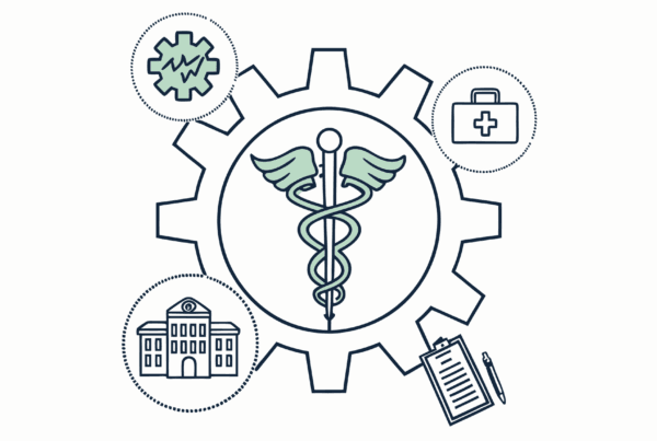 SovDoc healthcare M&A firm logo with medical caduceus merged with gear icon surrounded by symbols representing mergers and acquisitions, auditing, sports medicine, and medical practices - illustrating advisor services for Sports Medicine & Performance Therapy practice transactions.