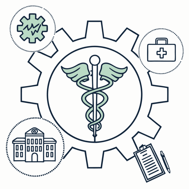 SovDoc healthcare M&A firm logo with medical caduceus merged with gear icon surrounded by symbols representing mergers and acquisitions, auditing, sports medicine, and medical practices - illustrating advisor services for Sports Medicine & Performance Therapy practice transactions.