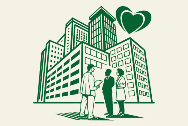 SovDoc advisory illustration depicting healthcare M&A professionals collaborating on cardiology practice mergers and acquisitions, represented by interconnected business elements and a heart symbol.