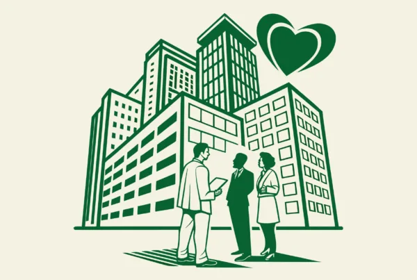 SovDoc advisory illustration depicting healthcare M&A professionals collaborating on cardiology practice mergers and acquisitions, represented by interconnected business elements and a heart symbol.