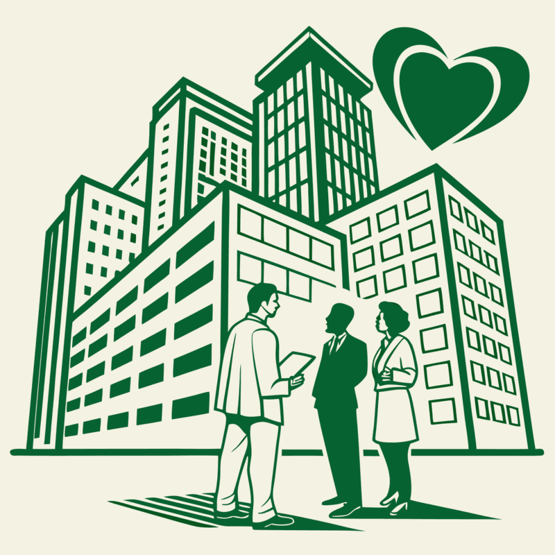 SovDoc advisory illustration depicting healthcare M&A professionals collaborating on cardiology practice mergers and acquisitions, represented by interconnected business elements and a heart symbol.