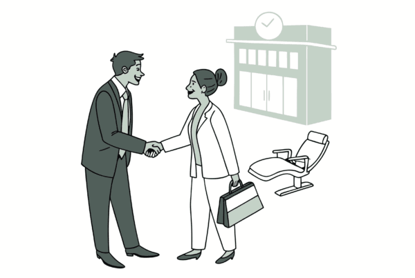 Dental practice professionals shake hands during a business meeting symbolizing successful medical practice M&A transactions, with SovDoc facilitating dental practice mergers and acquisitions in the healthcare sector.