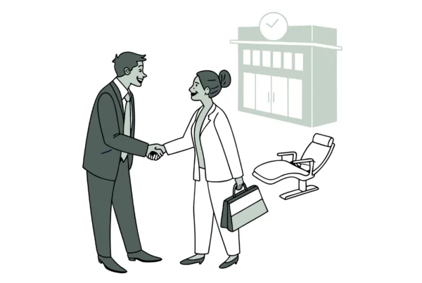 Dental practice professionals shake hands during a business meeting symbolizing successful medical practice M&A transactions, with SovDoc facilitating dental practice mergers and acquisitions in the healthcare sector.