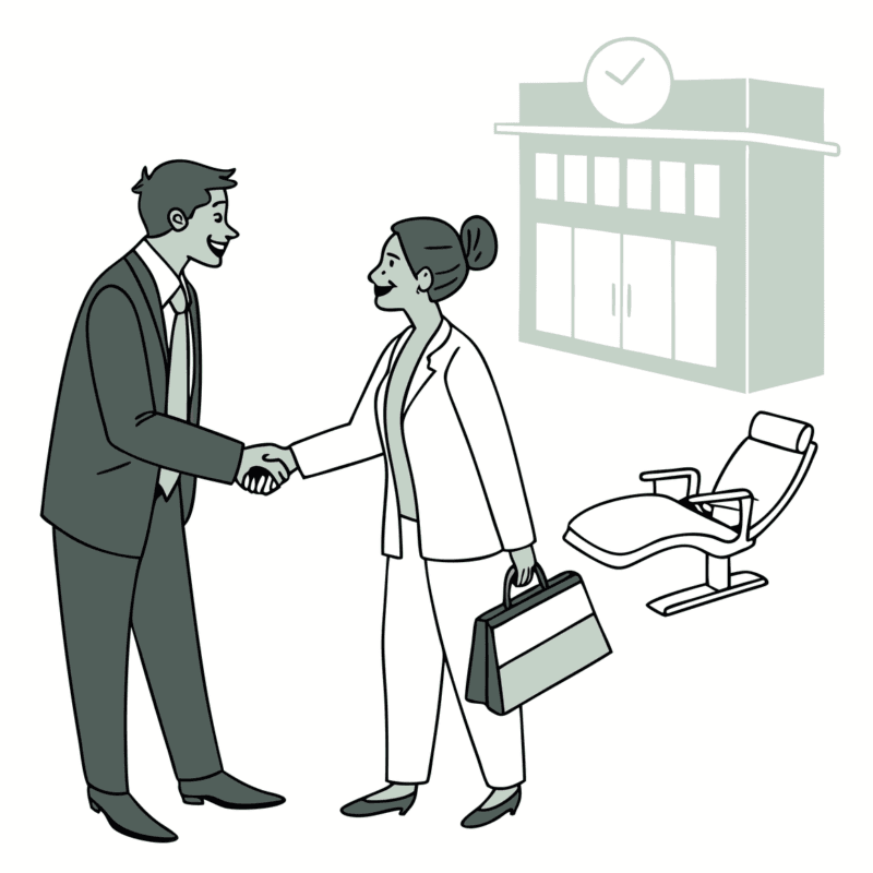 Dental practice professionals shake hands during a business meeting symbolizing successful medical practice M&A transactions, with SovDoc facilitating dental practice mergers and acquisitions in the healthcare sector.