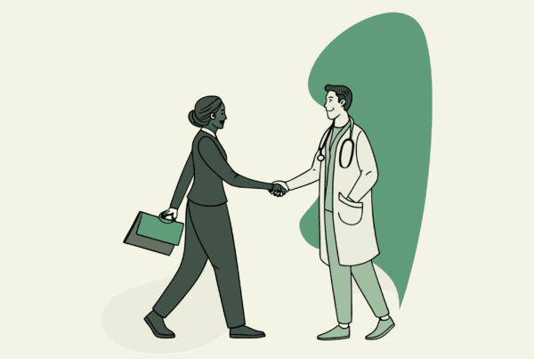 Business professionals shaking hands with dermatology practice design elements - SovDoc healthcare M&A advisors guiding dermatology practice mergers and acquisitions