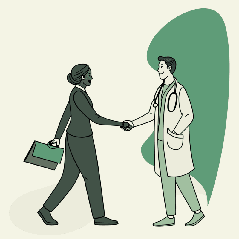 Business professionals shaking hands with dermatology practice design elements - SovDoc healthcare M&A advisors guiding dermatology practice mergers and acquisitions