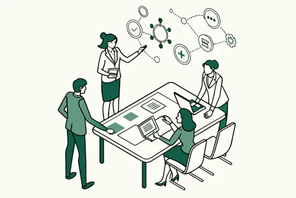 SovDoc healthcare M&A professionals collaborating around conference table discussing ENT medical practice mergers and acquisitions strategy, with holographic projection displaying medical and financial elements.