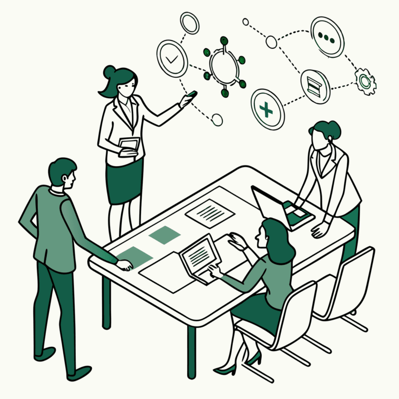 SovDoc healthcare M&A professionals collaborating around conference table discussing ENT medical practice mergers and acquisitions strategy, with holographic projection displaying medical and financial elements.