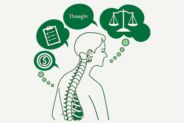 Minimalist illustration representing SovDoc's advisor roundup for business lawyers specializing in interventional pain practice M&A, featuring a spine silhouette surrounded by geometric shapes symbolizing different legal entities in healthcare mergers and acquisitions.
