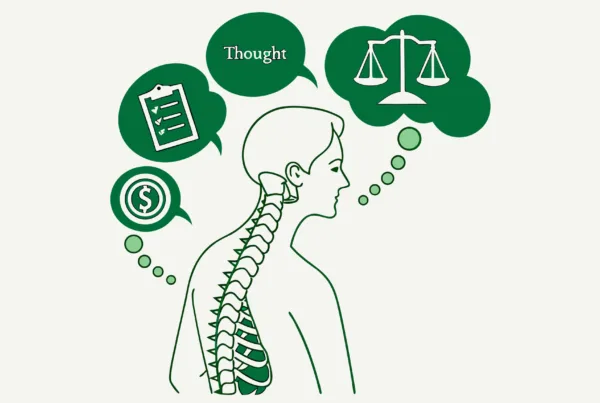 Minimalist illustration representing SovDoc's advisor roundup for business lawyers specializing in interventional pain practice M&A, featuring a spine silhouette surrounded by geometric shapes symbolizing different legal entities in healthcare mergers and acquisitions.