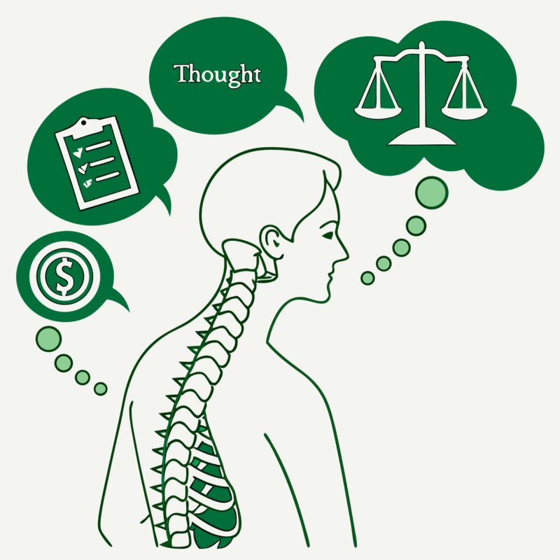 Minimalist illustration representing SovDoc's advisor roundup for business lawyers specializing in interventional pain practice M&A, featuring a spine silhouette surrounded by geometric shapes symbolizing different legal entities in healthcare mergers and acquisitions.