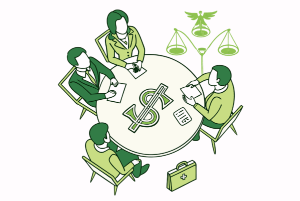 Stylized illustration of business lawyers at a roundtable discussing med spa mergers and acquisitions, featuring medical and business symbols - SovDoc healthcare M&A advisors representing medical practice transactions.