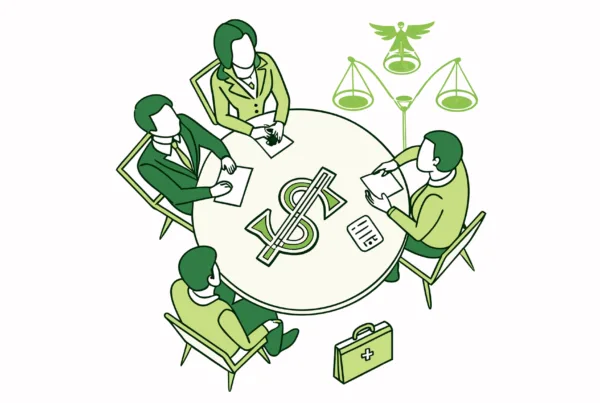 Stylized illustration of business lawyers at a roundtable discussing med spa mergers and acquisitions, featuring medical and business symbols - SovDoc healthcare M&A advisors representing medical practice transactions.