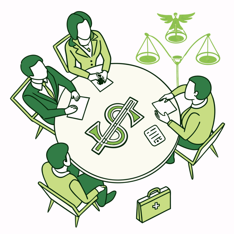 Stylized illustration of business lawyers at a roundtable discussing med spa mergers and acquisitions, featuring medical and business symbols - SovDoc healthcare M&A advisors representing medical practice transactions.