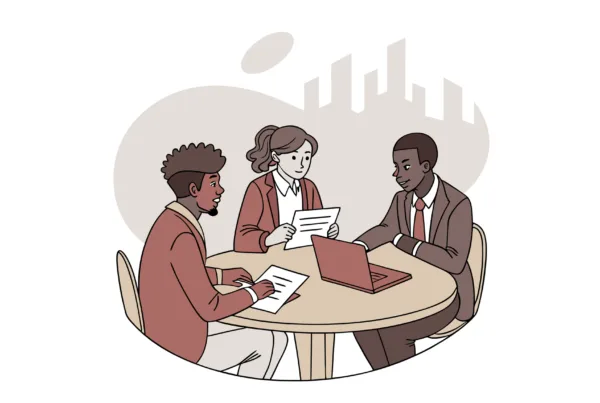 Diverse business professionals at a roundtable discussion about nephrology practice mergers and acquisitions, demonstrating SovDoc's collaborative approach to healthcare M&A advisory services.