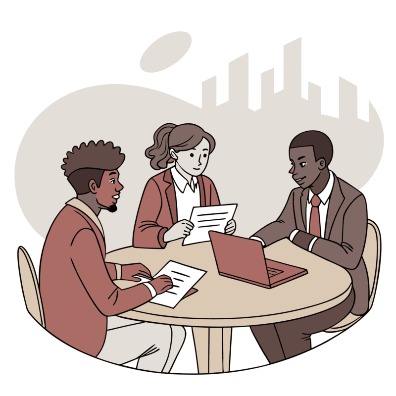 Diverse business professionals at a roundtable discussion about nephrology practice mergers and acquisitions, demonstrating SovDoc's collaborative approach to healthcare M&A advisory services.