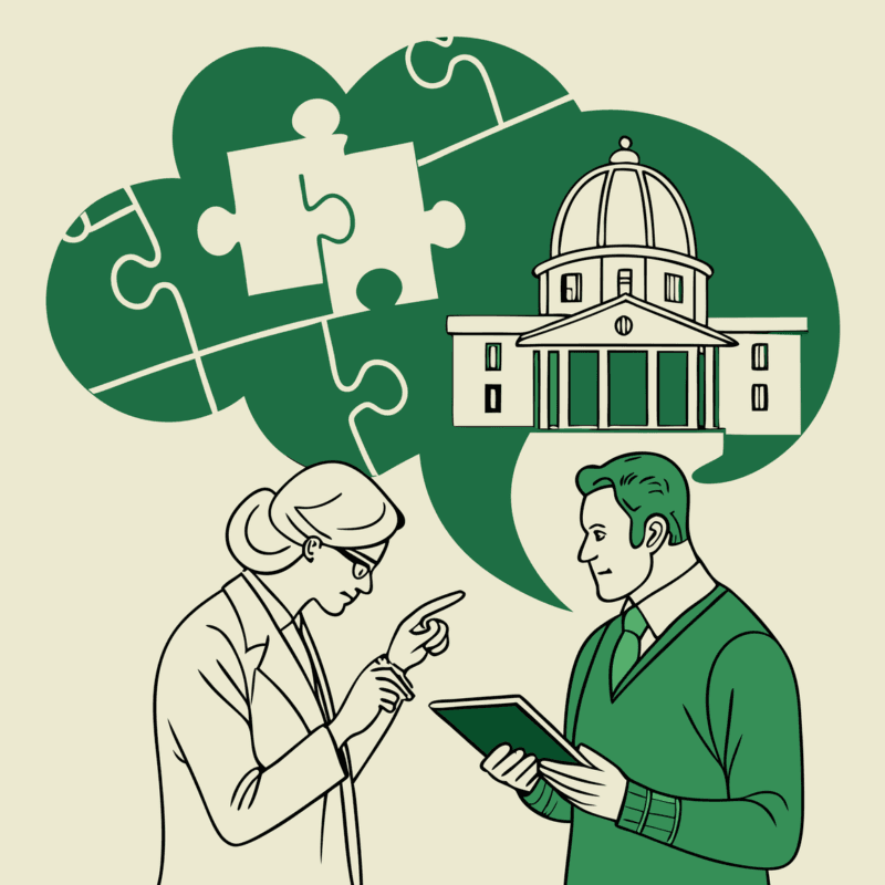 SovDoc healthcare M&A illustration showing business lawyers collaborating on neurological rehabilitation practice mergers and acquisitions, with brain imagery and hospital graphics representing specialized medical practice advisory services