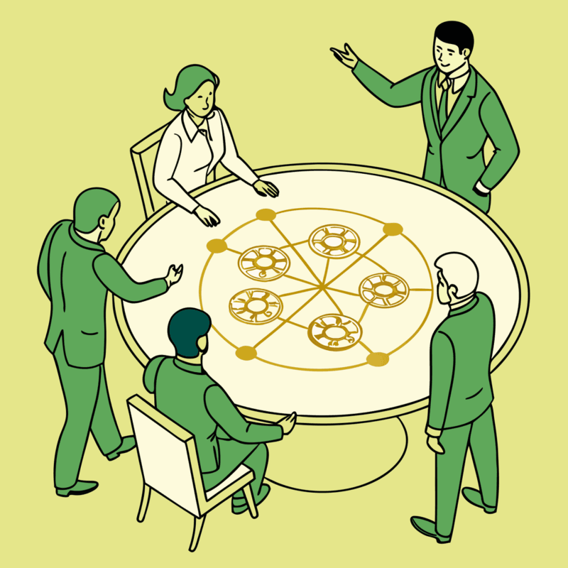 SovDoc healthcare M&A advisors collaborating around a table with neurological imagery, discussing strategic approaches for neurology practice mergers and acquisitions in the medical sector.